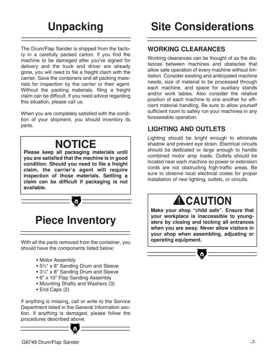 Grizzly G8749 instruction manual Unpacking, Piece Inventory, Site Considerations 