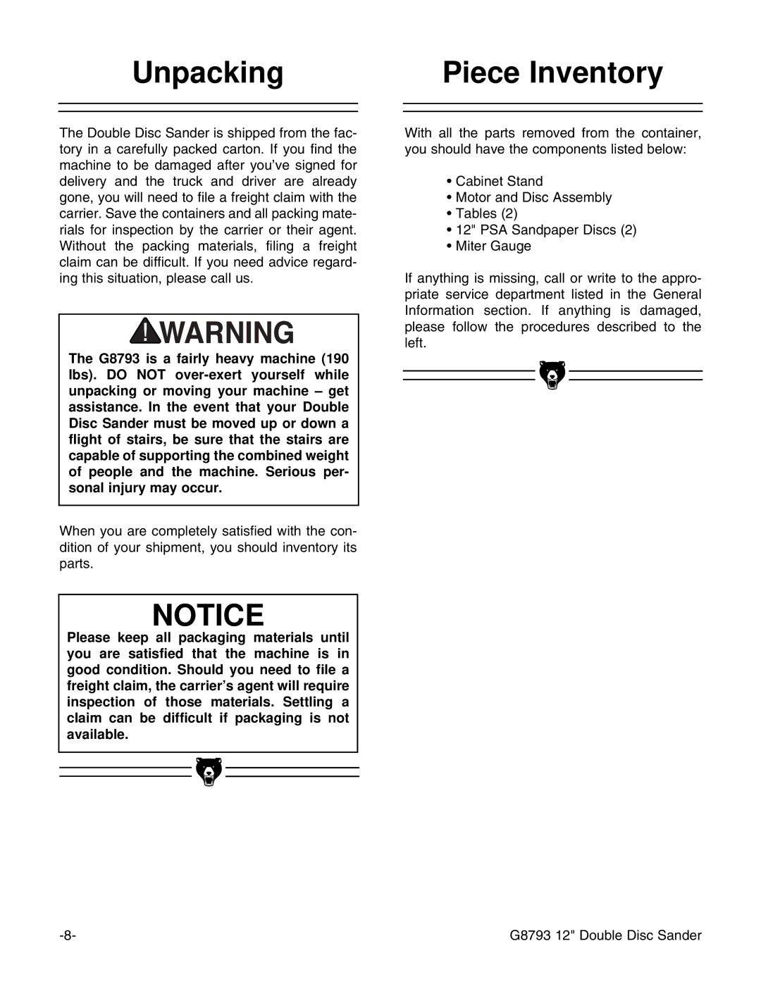 Grizzly G8793 instruction manual Unpacking, Piece Inventory 