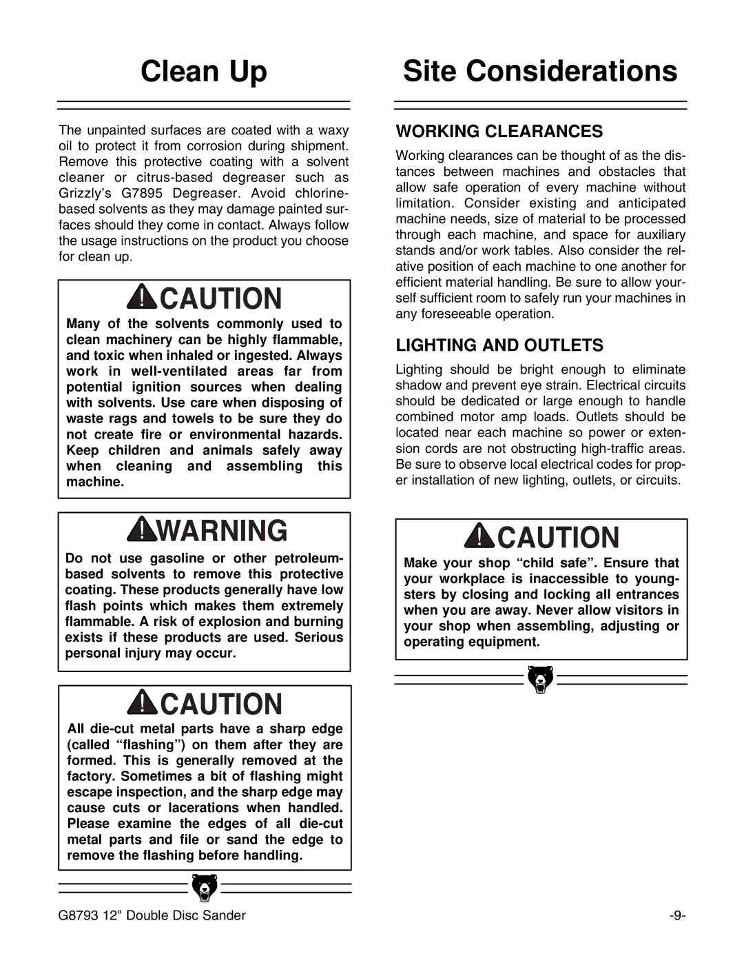 Grizzly G8793 instruction manual Clean Up, Site Considerations 