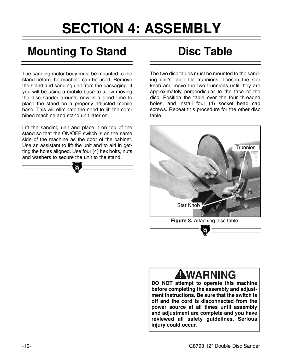 Grizzly G8793 instruction manual Assembly, Mounting To Stand Disc Table 