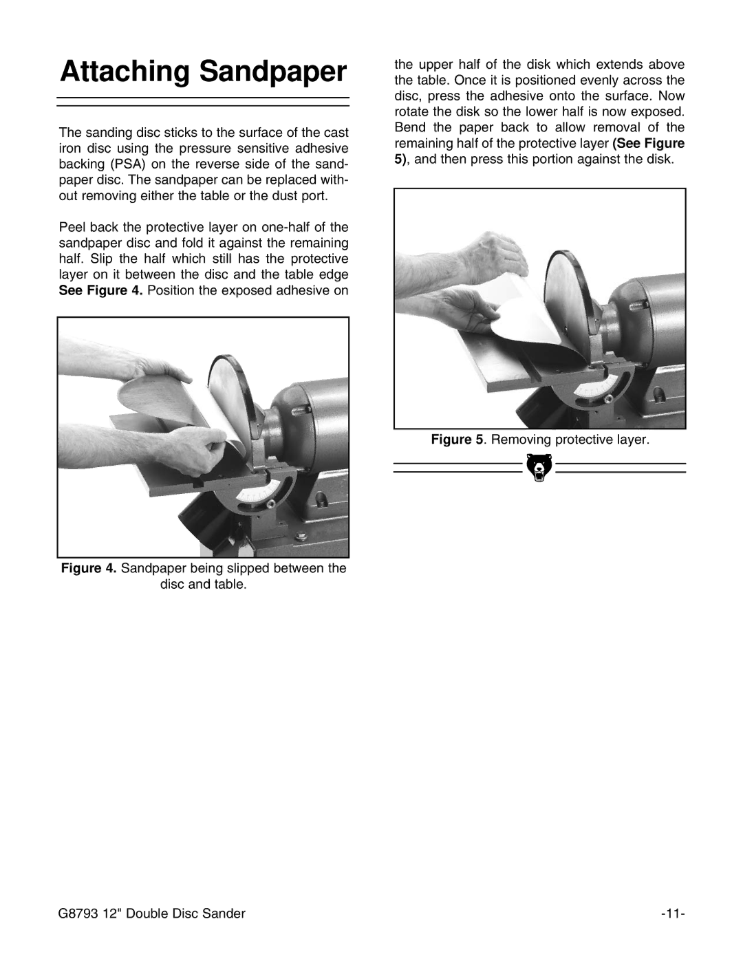 Grizzly instruction manual Attaching Sandpaper, Removing protective layer G8793 12 Double Disc Sander 