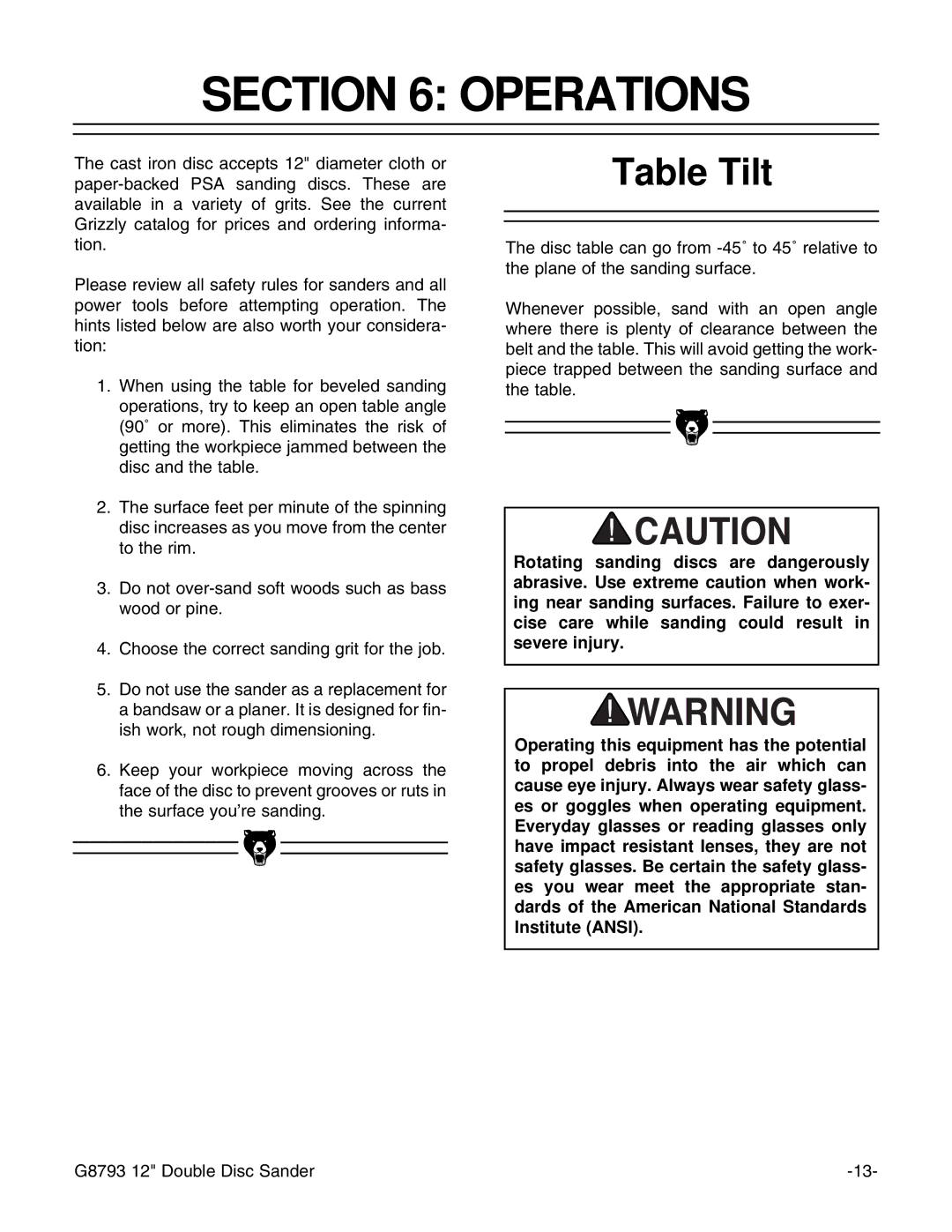 Grizzly G8793 instruction manual Operations, Table Tilt 