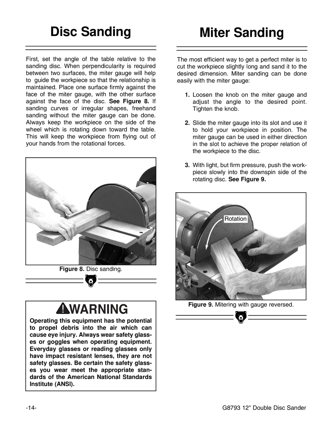 Grizzly G8793 instruction manual Disc Sanding Miter Sanding, Disc sanding 