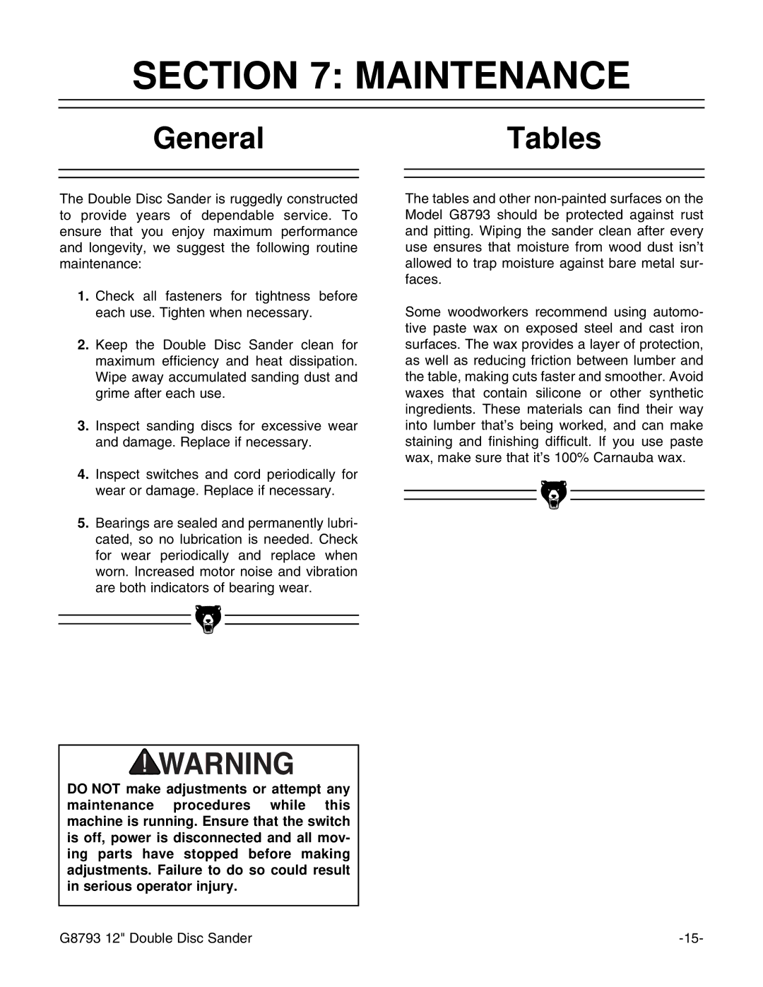 Grizzly G8793 instruction manual Maintenance, GeneralTables 