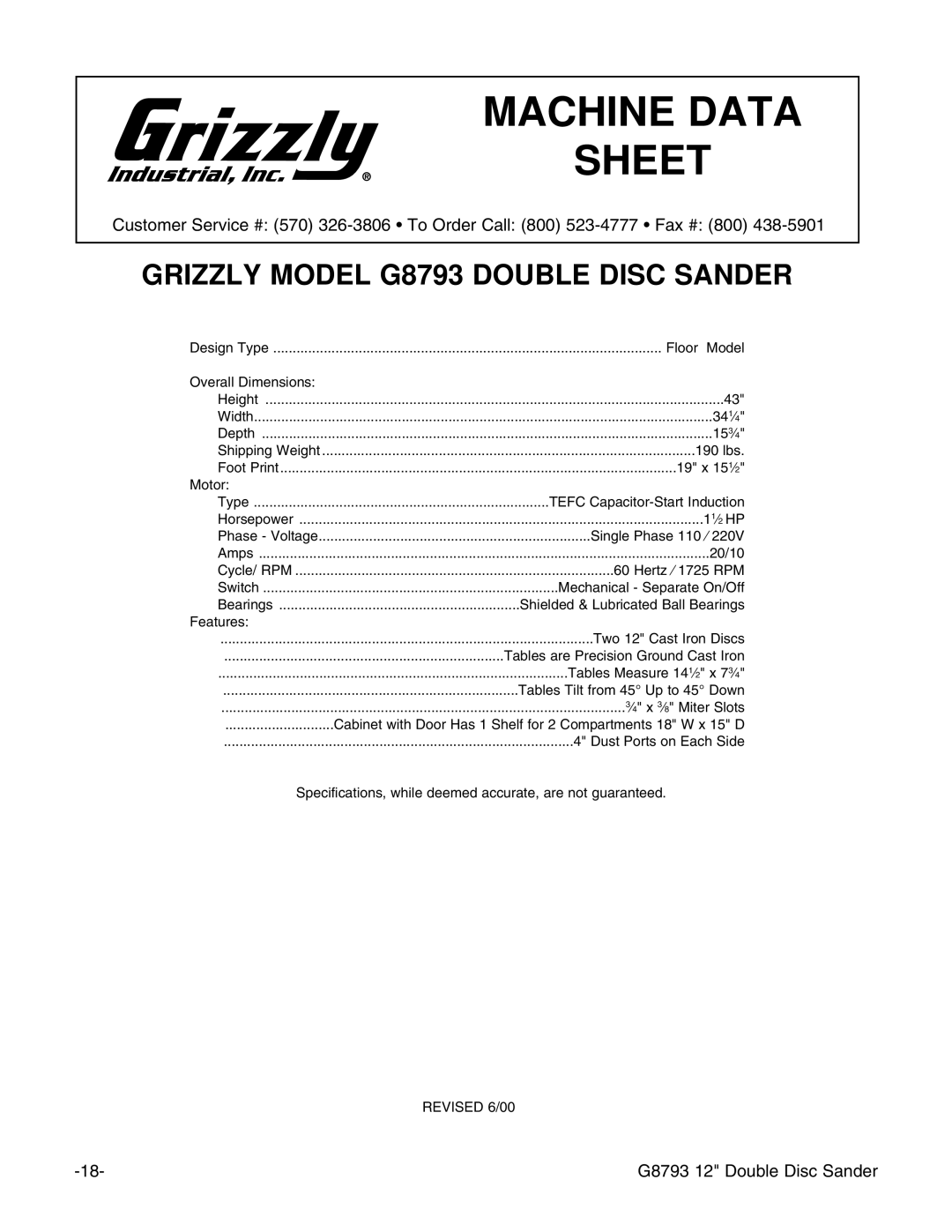 Grizzly G8793 instruction manual Machine Data Sheet 