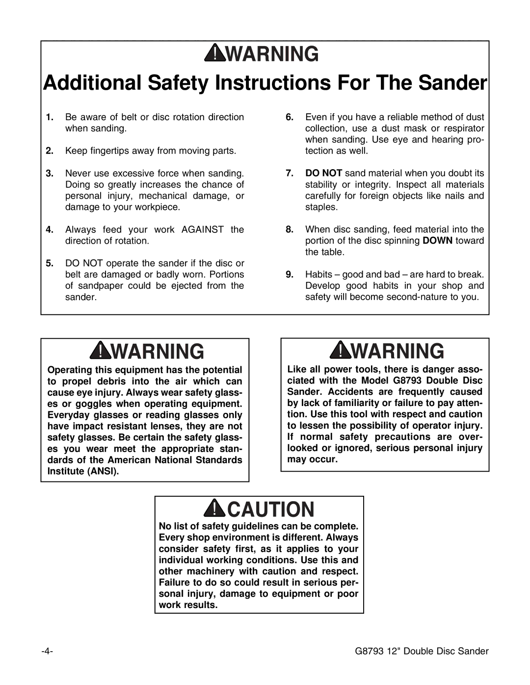 Grizzly G8793 instruction manual Additional Safety Instructions For The Sander 