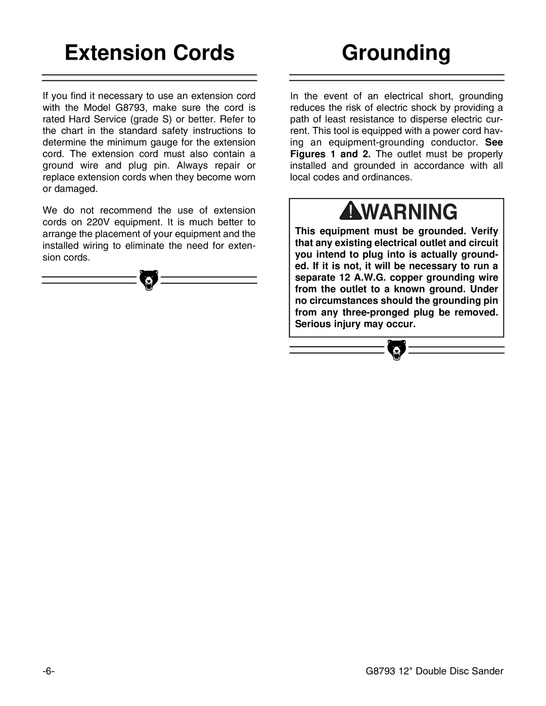 Grizzly G8793 instruction manual Extension Cords Grounding 