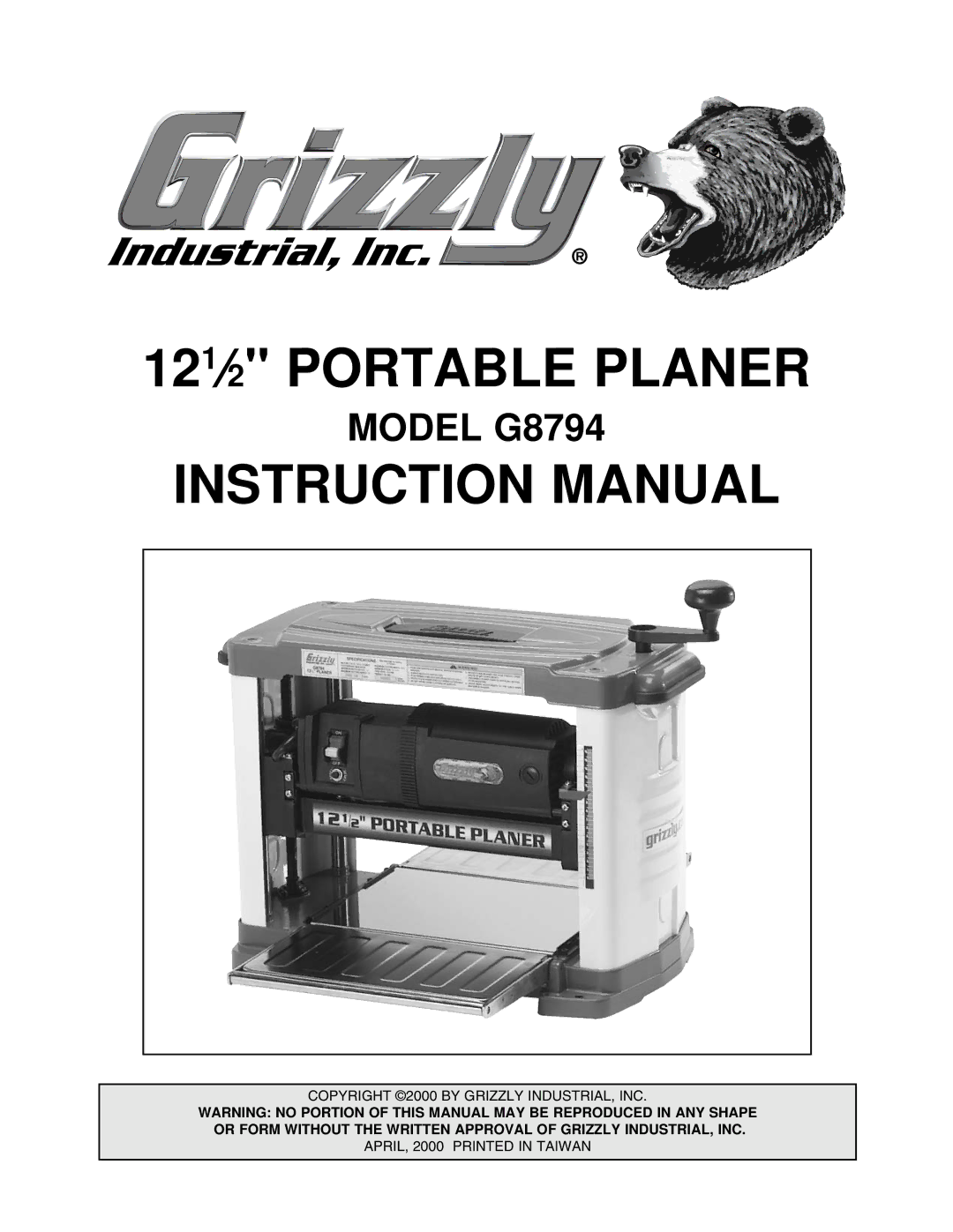 Grizzly G8794 instruction manual 121⁄2 Portable Planer 