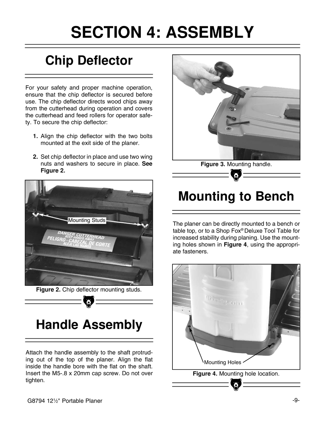 Grizzly G8794 instruction manual Chip Deflector, Handle Assembly, Mounting to Bench 