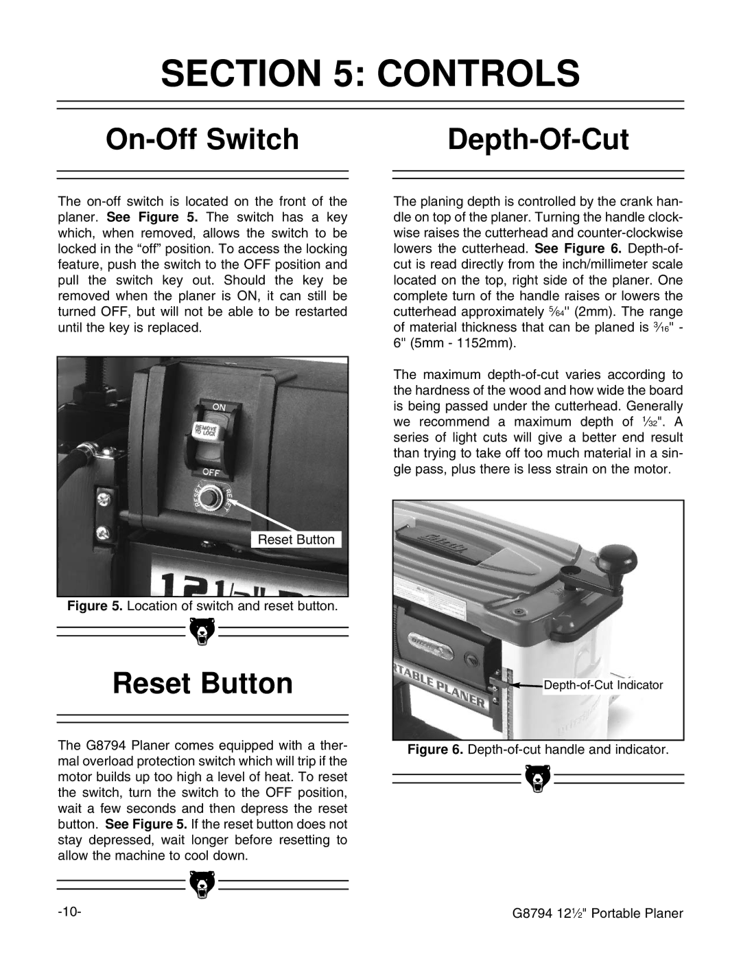 Grizzly G8794 instruction manual Controls, On-Off Switch Depth-Of-Cut, Reset Button 