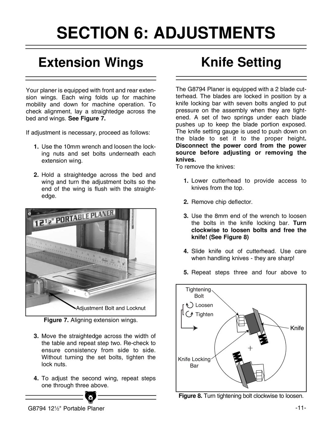 Grizzly G8794 instruction manual Adjustments, Extension Wings, Knife Setting 