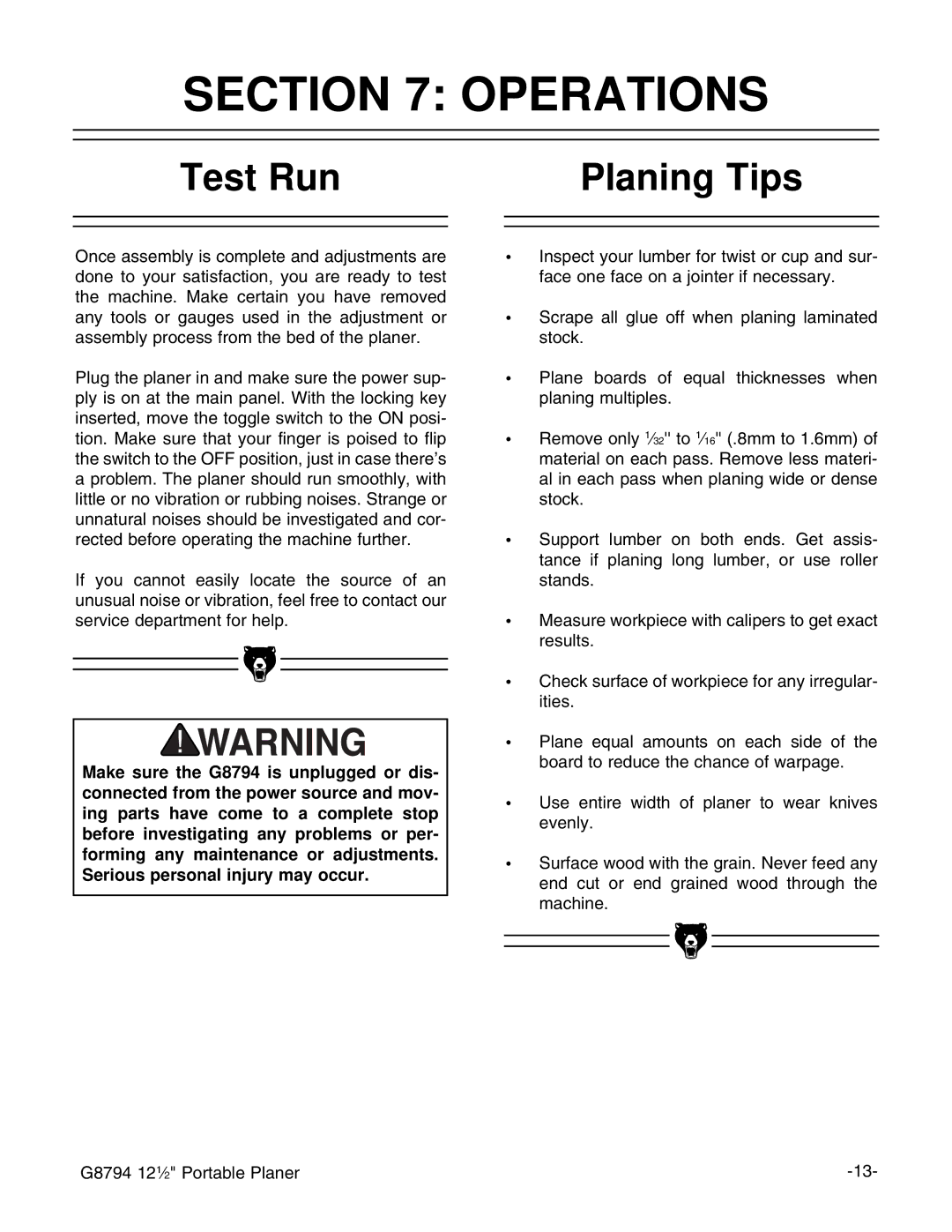 Grizzly G8794 instruction manual Operations, Test Run, Planing Tips 