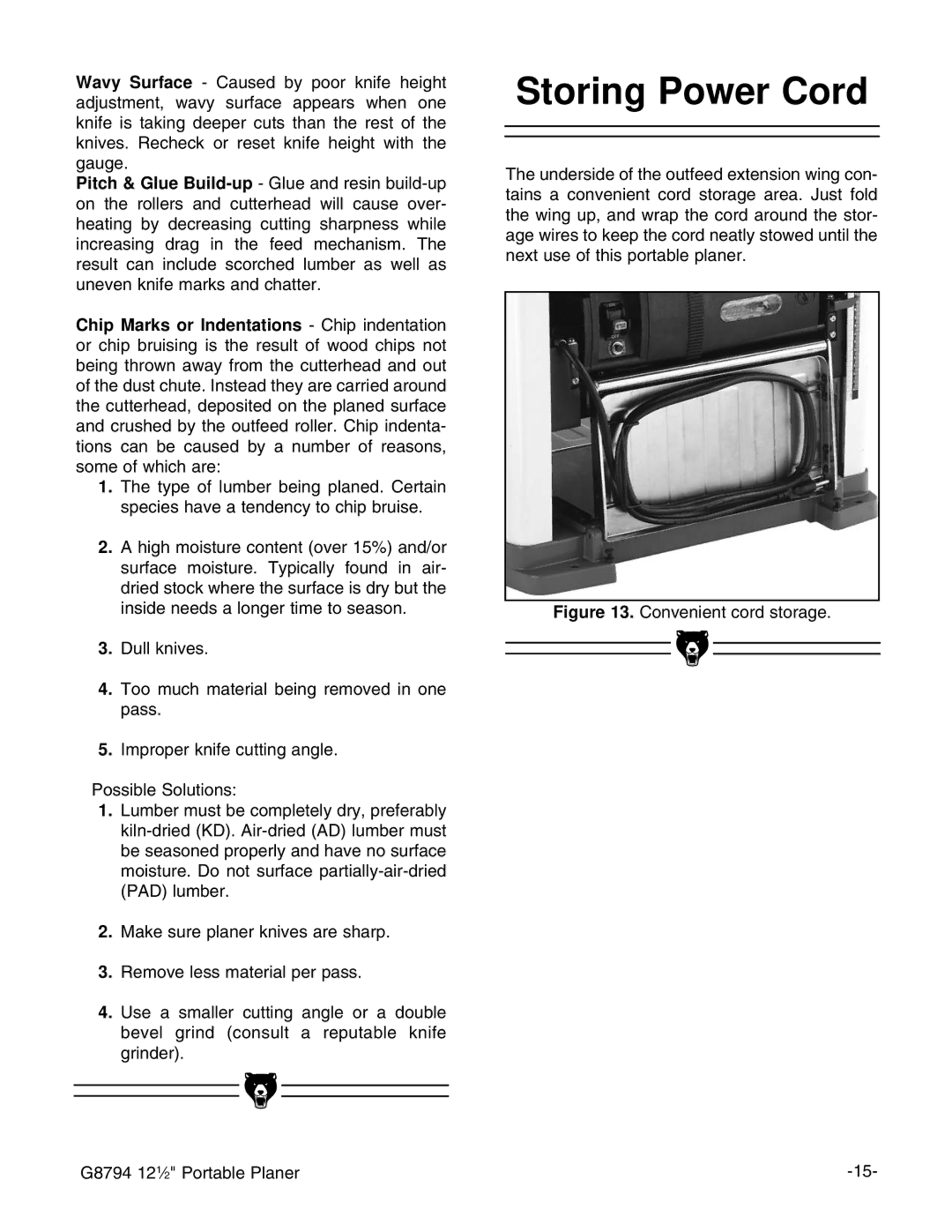 Grizzly instruction manual Storing Power Cord, Convenient cord storage G8794 121⁄2 Portable Planer 