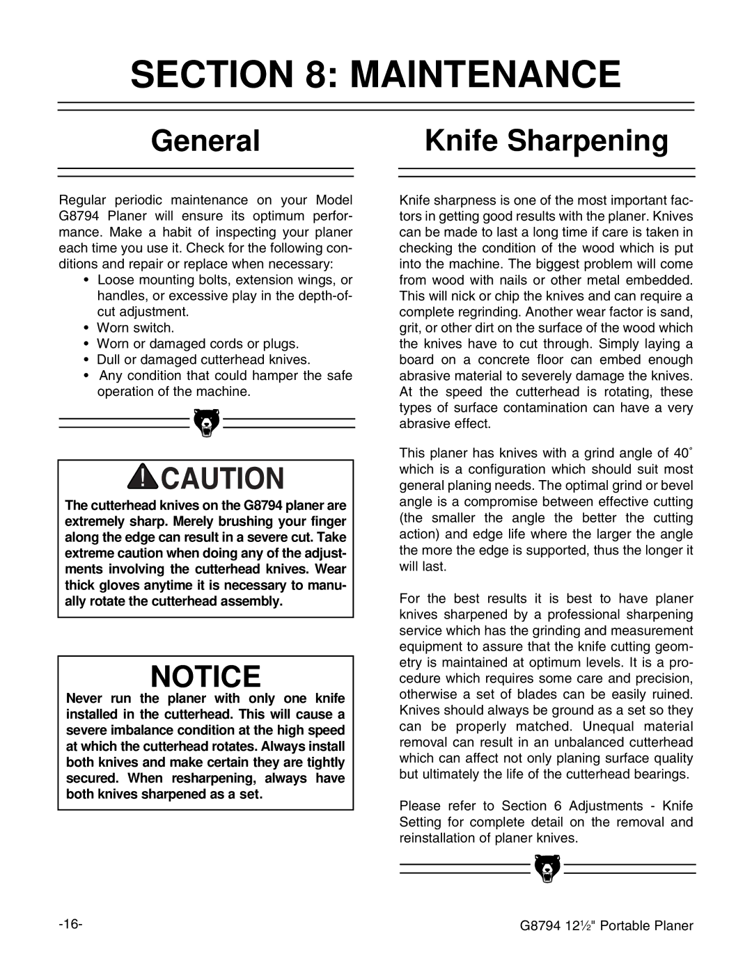 Grizzly G8794 instruction manual Maintenance, General, Knife Sharpening 