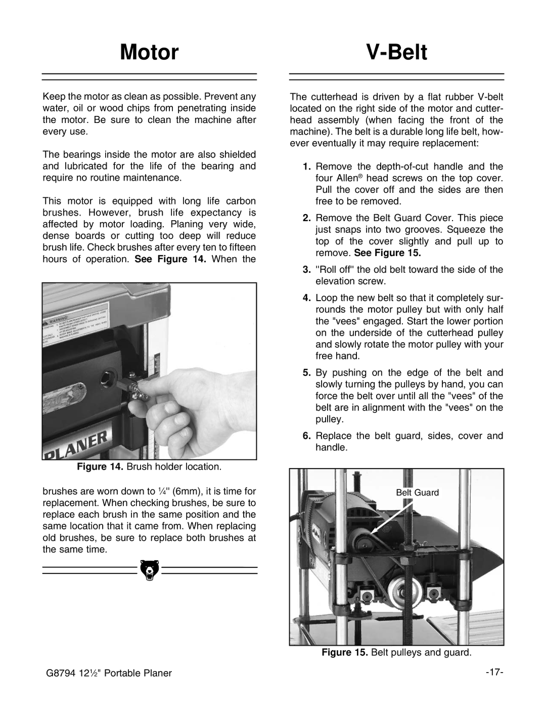 Grizzly G8794 instruction manual MotorV-Belt, Belt pulleys and guard 