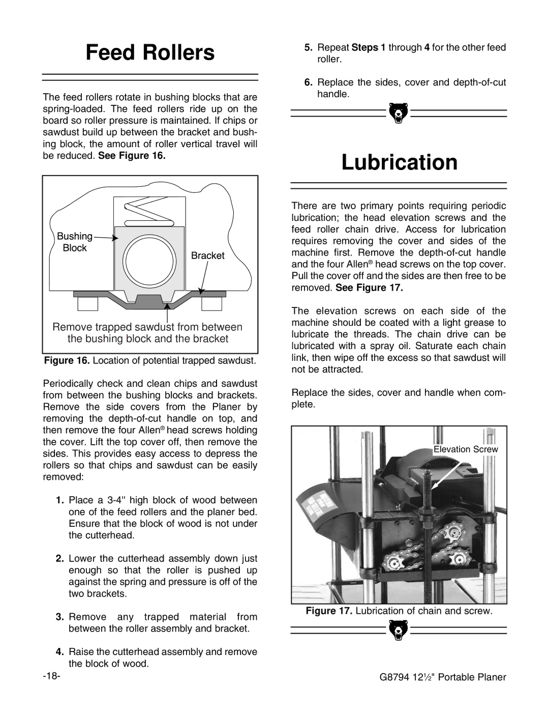 Grizzly G8794 instruction manual Feed Rollers, Lubrication 