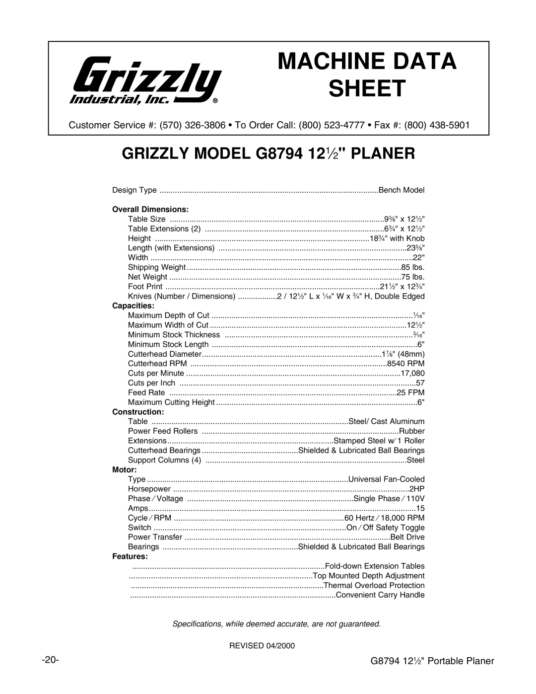 Grizzly G8794 instruction manual Machine Data Sheet 