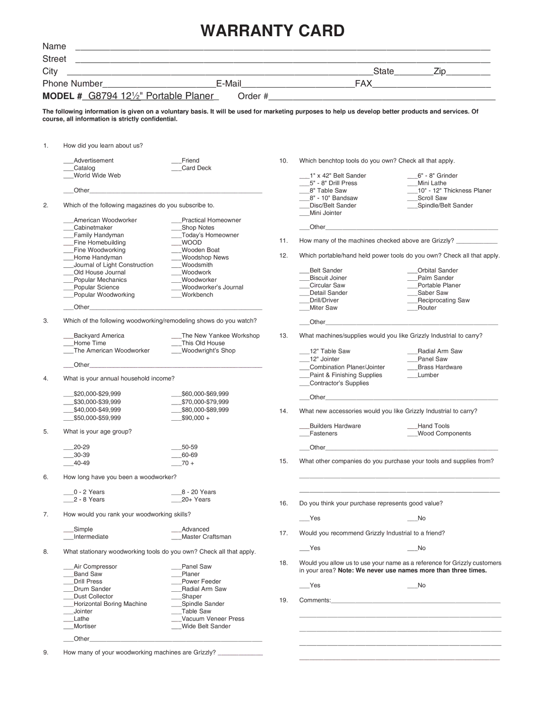 Grizzly G8794 instruction manual Warranty Card 