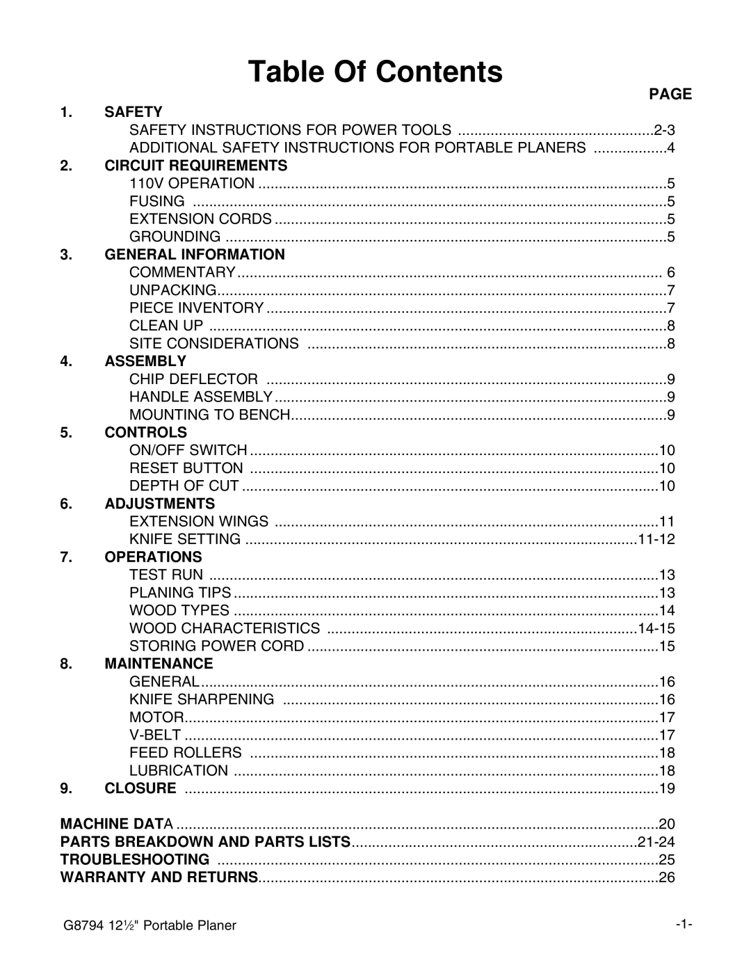 Grizzly G8794 instruction manual Table Of Contents 