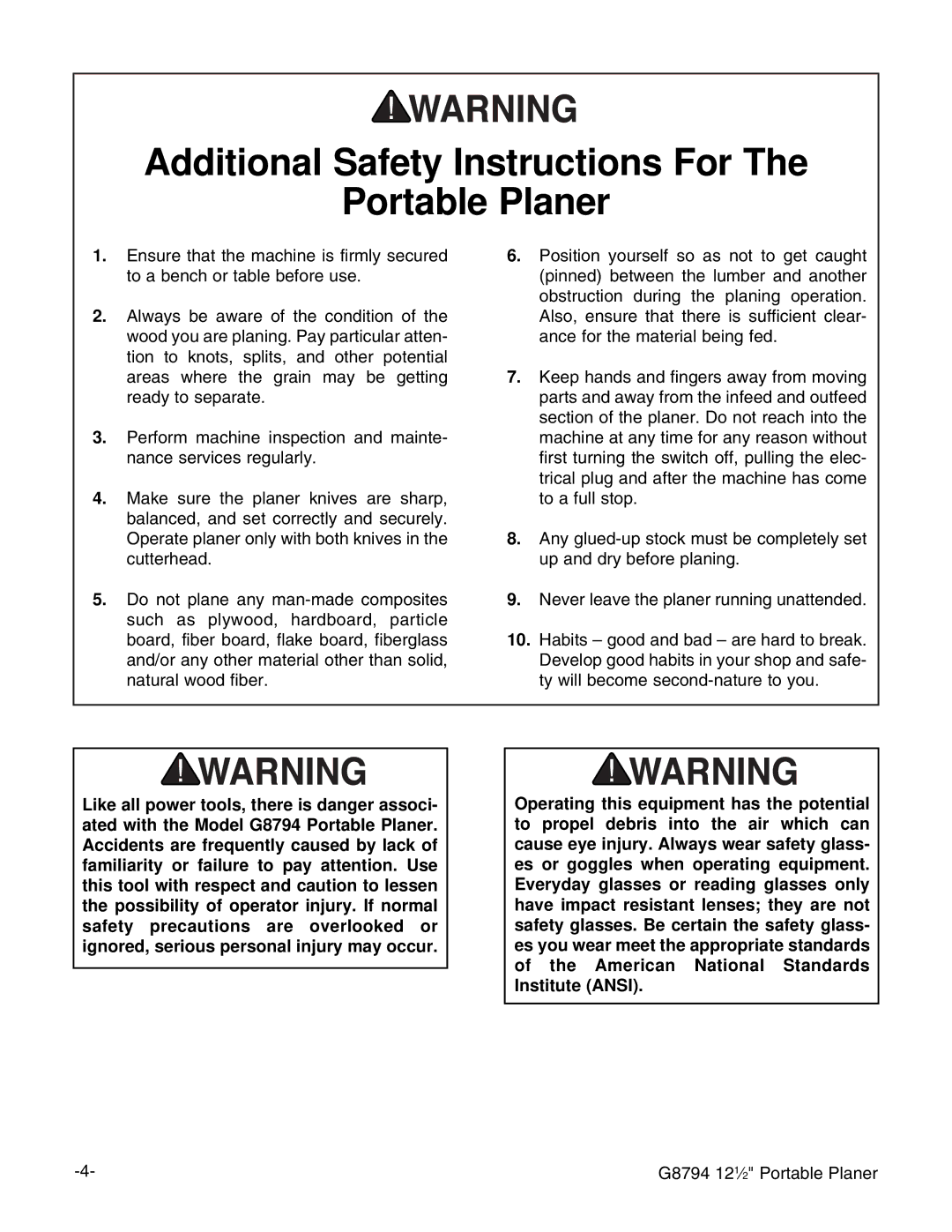 Grizzly G8794 instruction manual Additional Safety Instructions For Portable Planer 