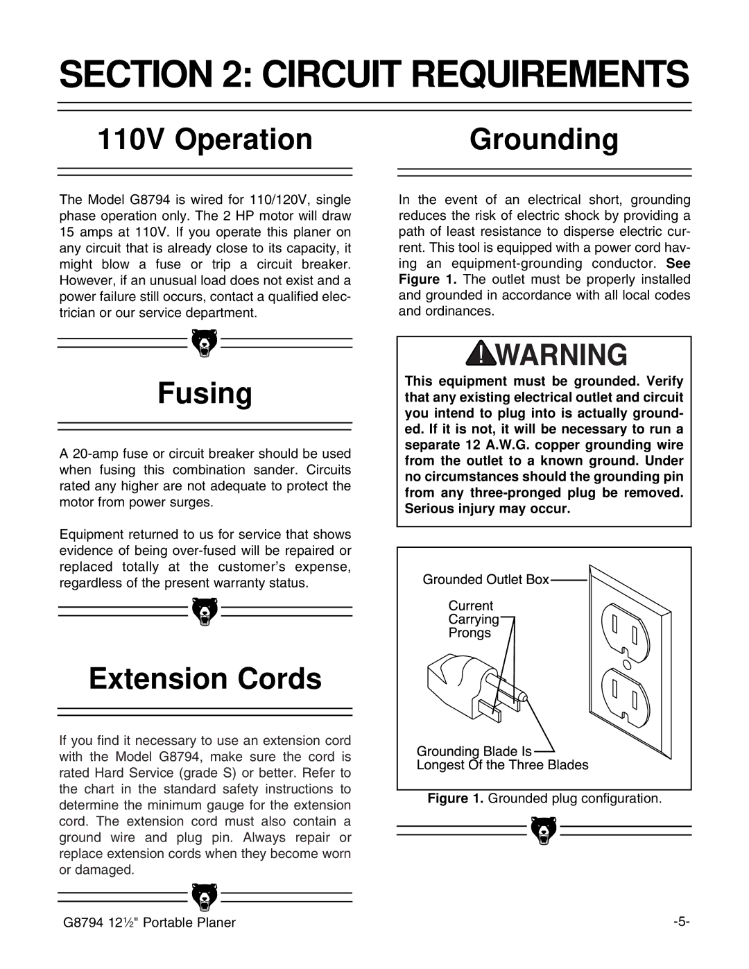 Grizzly G8794 instruction manual Circuit Requirements, 110V Operation Grounding, Fusing, Extension Cords 