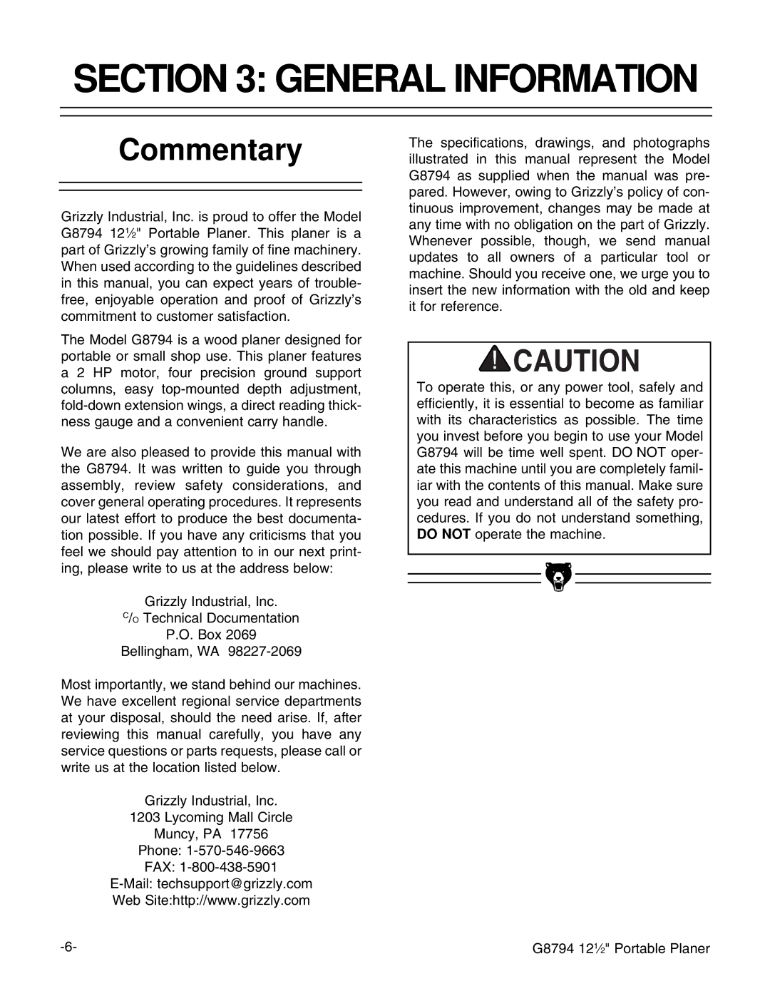 Grizzly G8794 instruction manual General Information, Commentary 