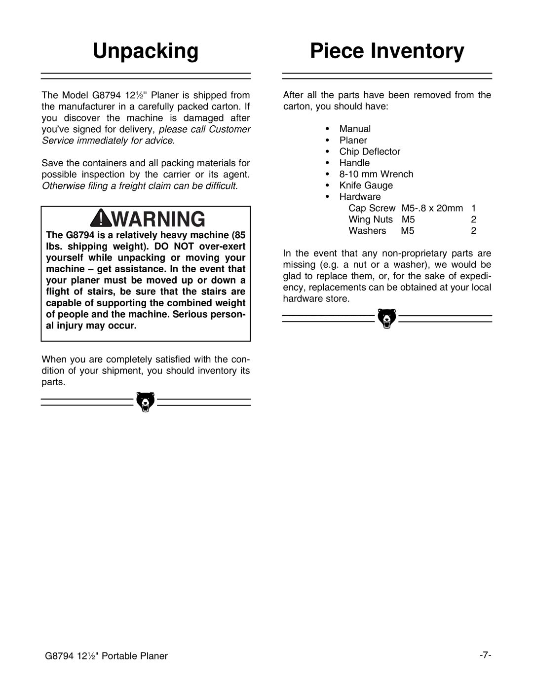 Grizzly G8794 instruction manual Unpacking Piece Inventory 