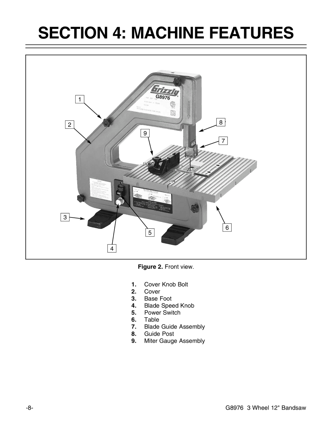 Grizzly G8976 instruction manual Machine Features 