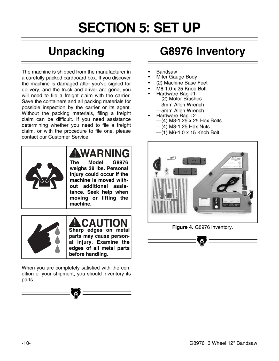 Grizzly instruction manual Set Up, Unpacking, G8976 Inventory 