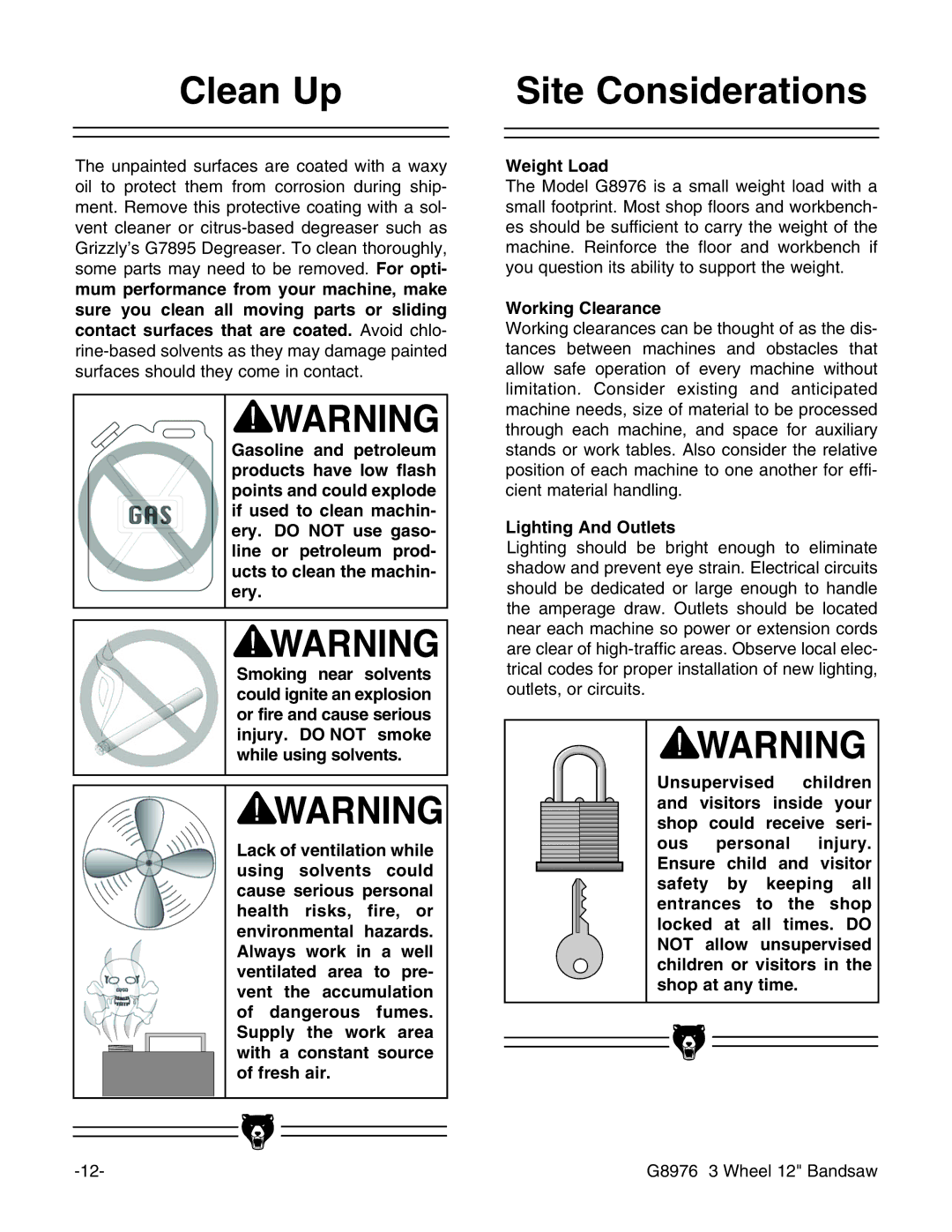 Grizzly G8976 instruction manual Clean Up, Site Considerations, Weight Load, Working Clearance, Lighting And Outlets 