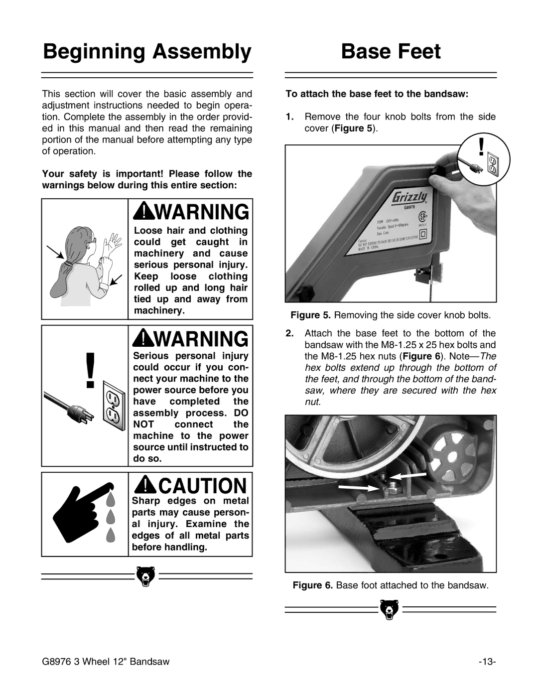 Grizzly G8976 instruction manual Beginning Assembly, Base Feet, To attach the base feet to the bandsaw 