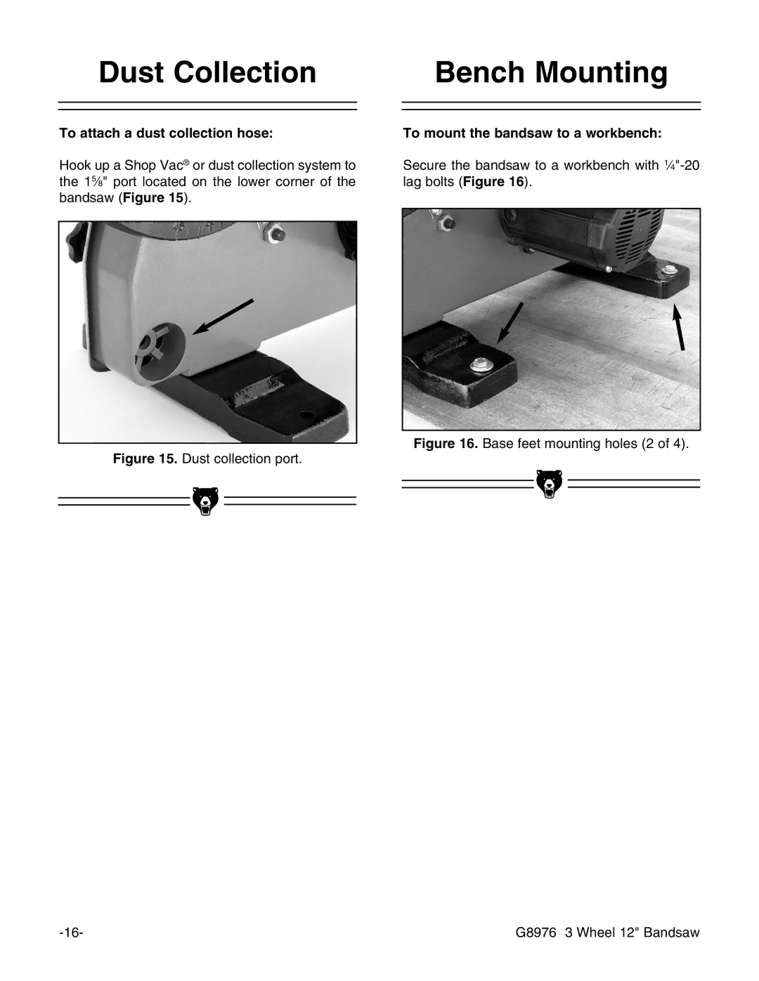 Grizzly G8976 Dust Collection, Bench Mounting, To attach a dust collection hose, To mount the bandsaw to a workbench 