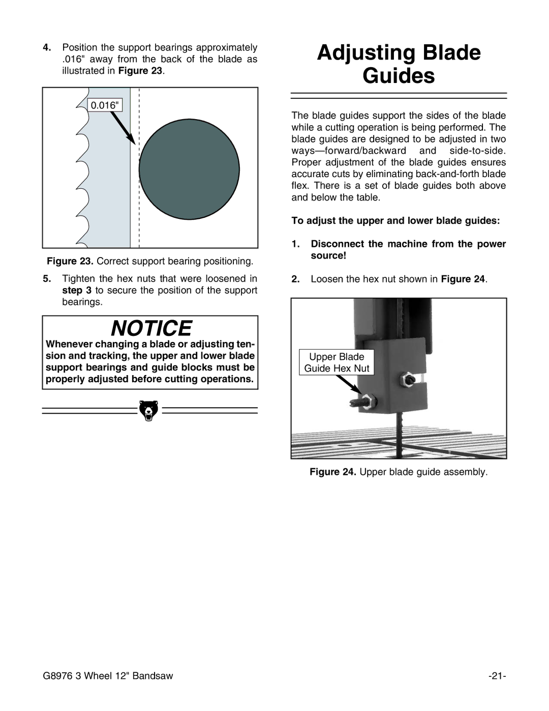 Grizzly G8976 instruction manual Adjusting Blade Guides 