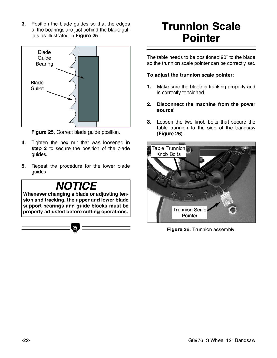 Grizzly G8976 instruction manual Trunnion Scale Pointer, To adjust the trunnion scale pointer 