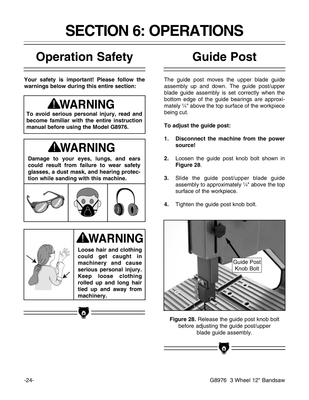 Grizzly G8976 instruction manual Operations, Operation Safety Guide Post 