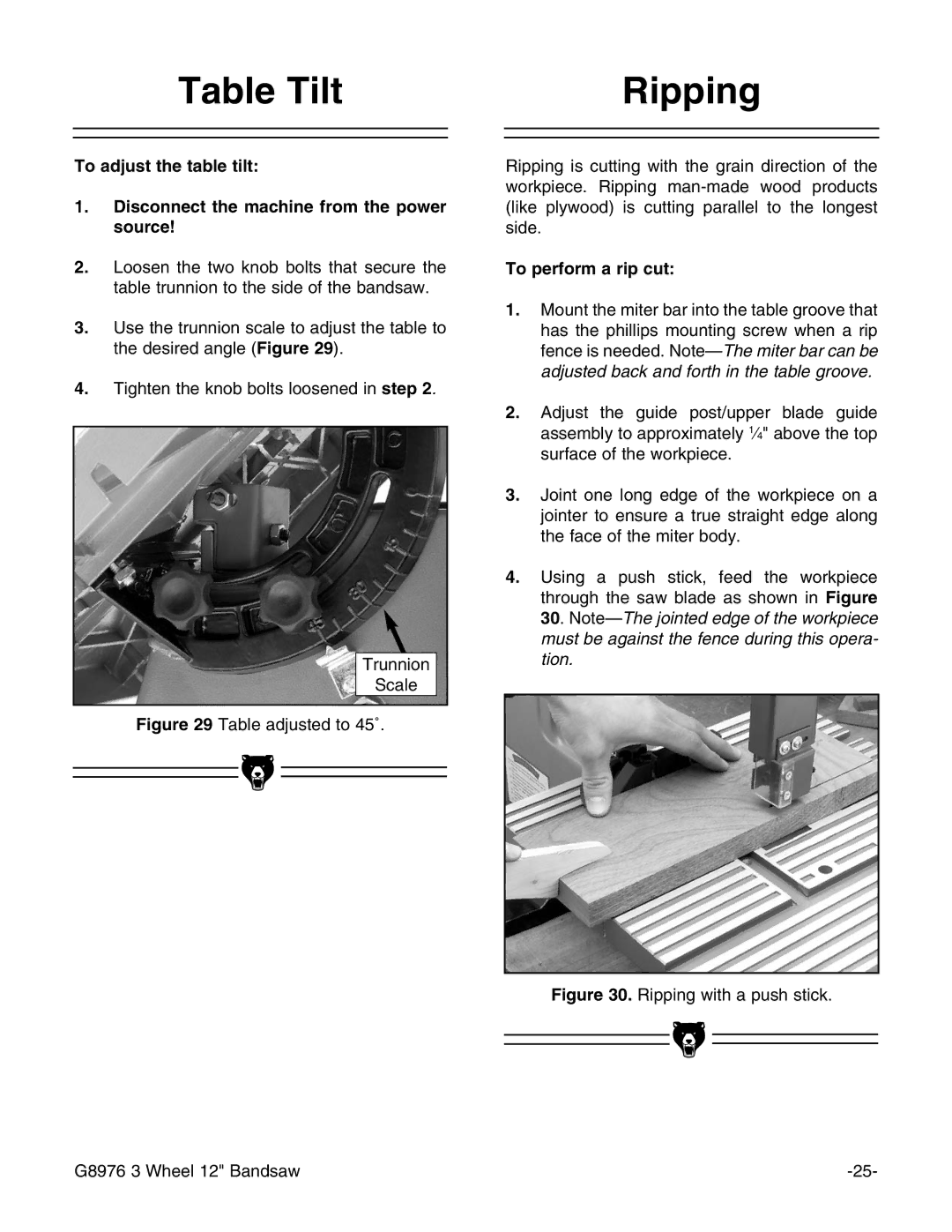 Grizzly G8976 instruction manual Table Tilt Ripping, To perform a rip cut 