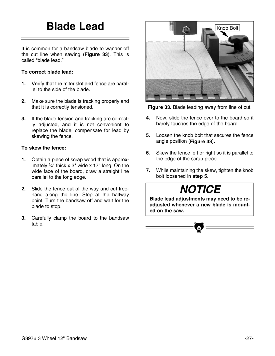 Grizzly G8976 instruction manual Blade Lead, To correct blade lead, To skew the fence 