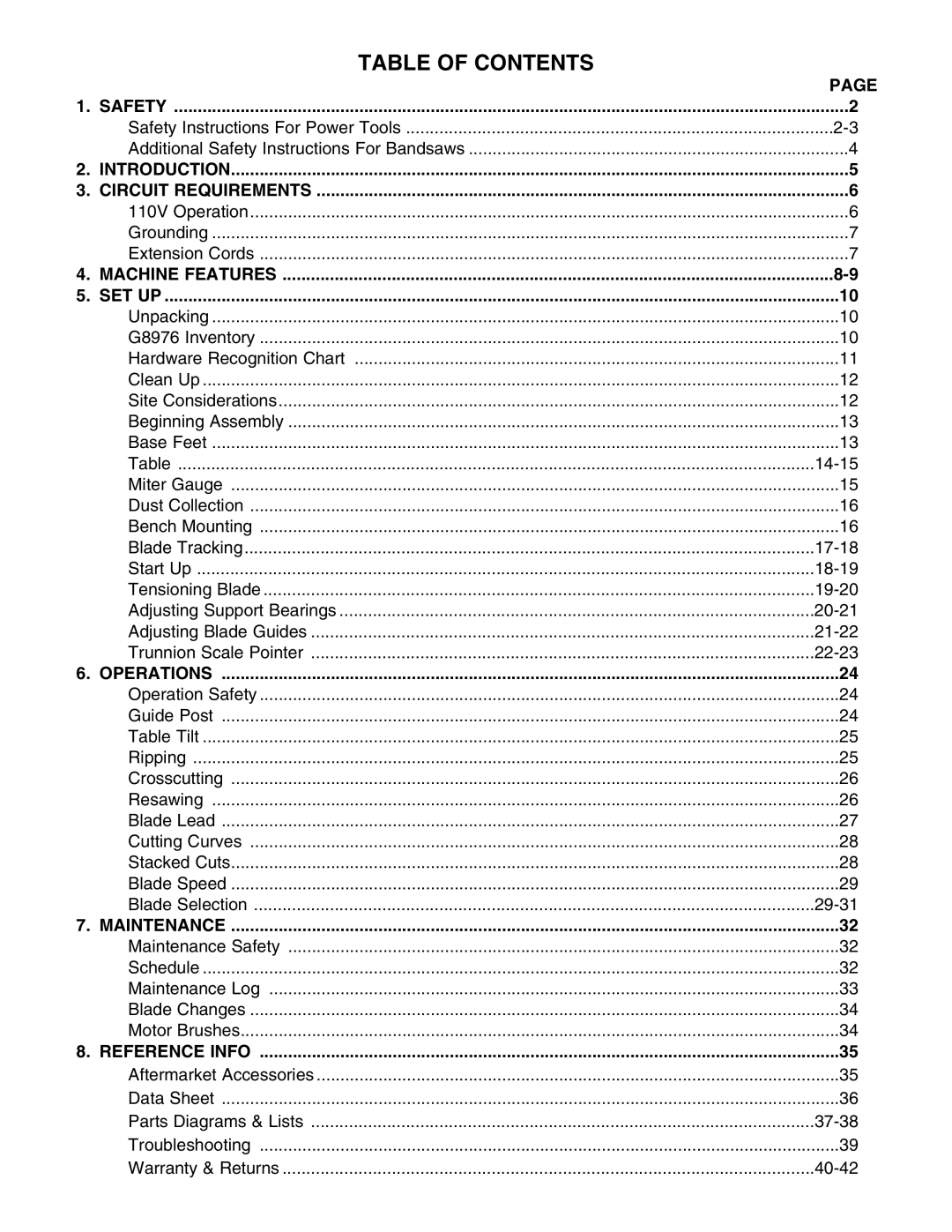 Grizzly G8976 instruction manual Table of Contents 