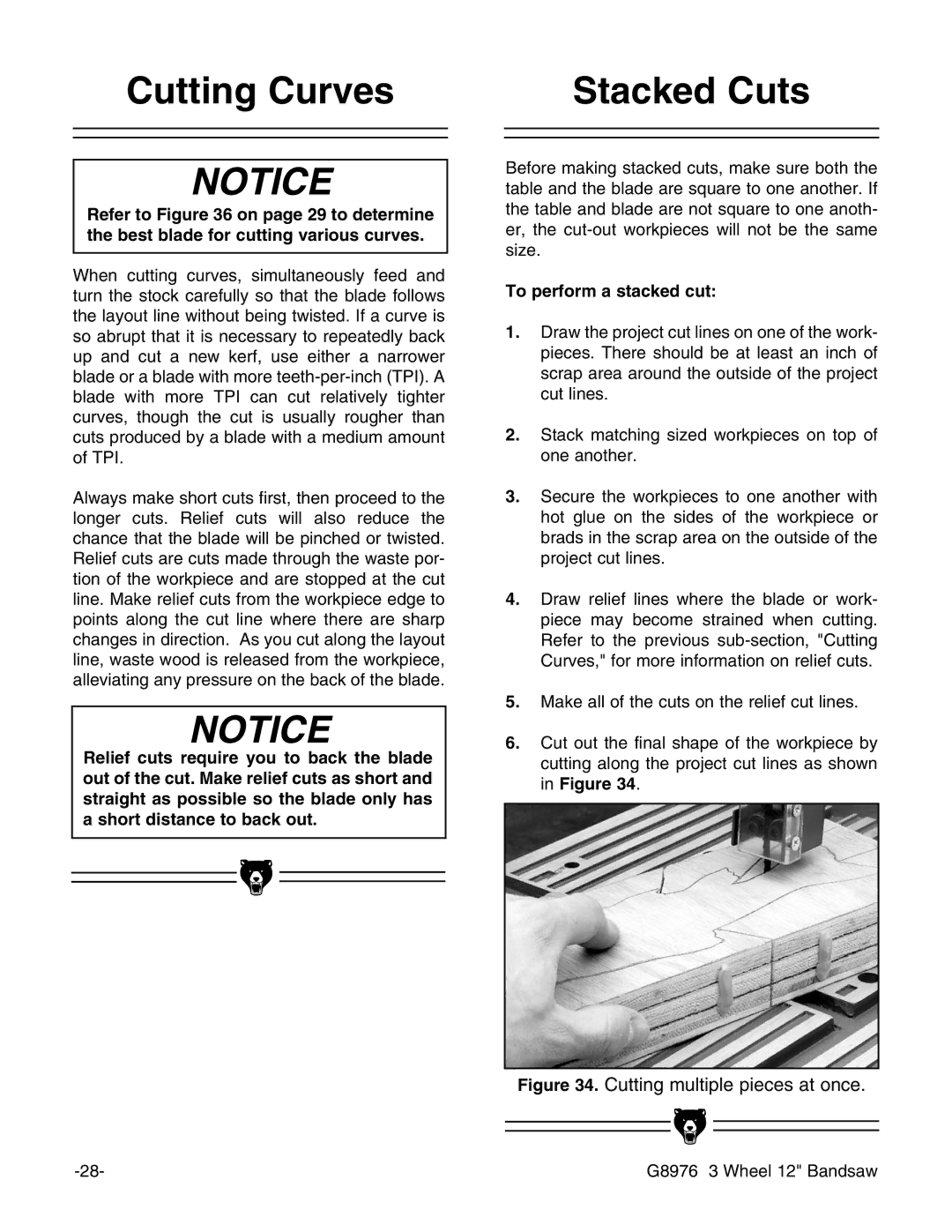 Grizzly G8976 instruction manual Cutting Curves, Stacked Cuts, To perform a stacked cut 