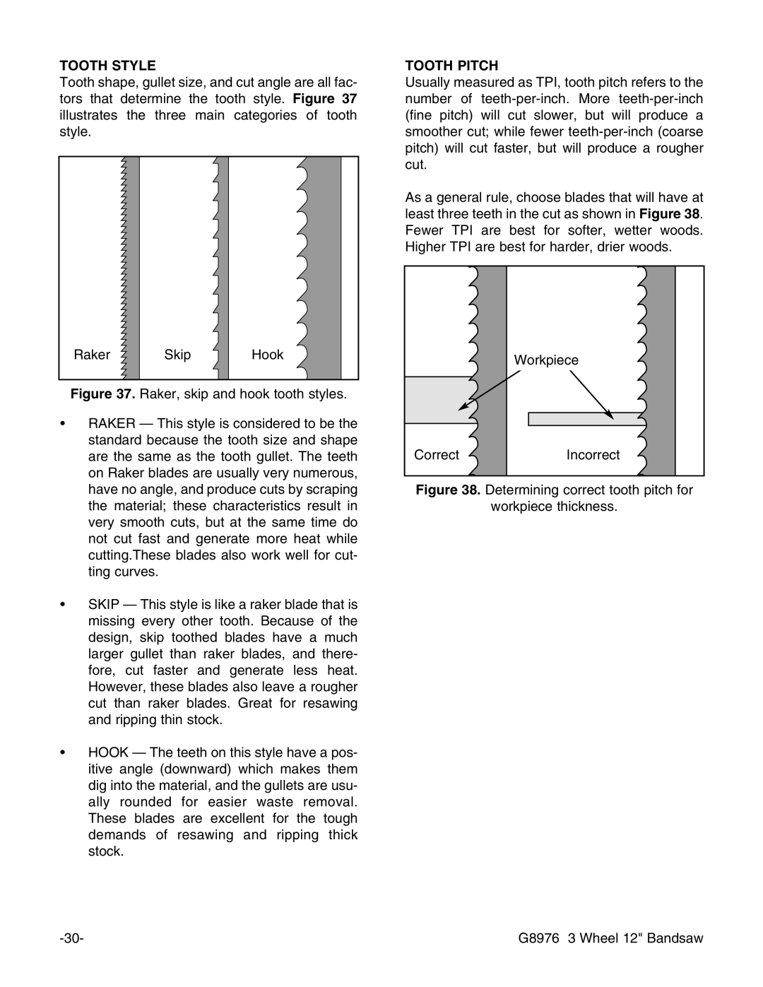 Grizzly G8976 instruction manual Tooth Style, Tooth Pitch 