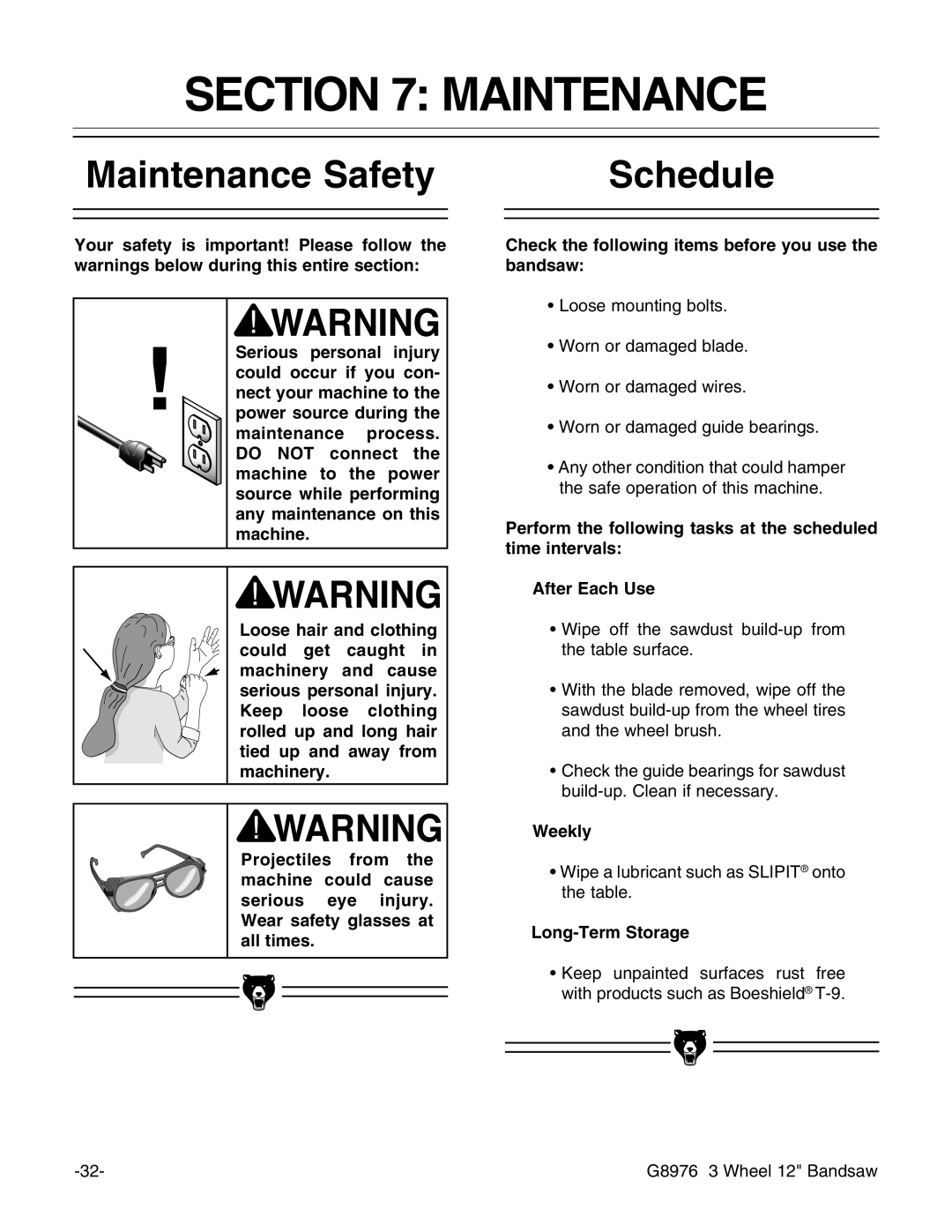 Grizzly G8976 instruction manual Maintenance Safety, Schedule 