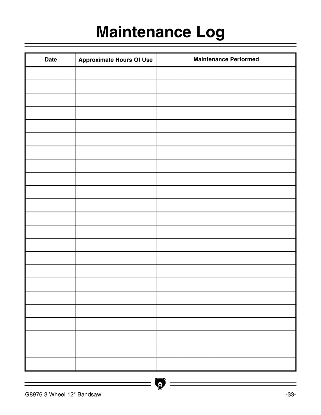 Grizzly G8976 instruction manual Maintenance Log, Date Approximate Hours Of Use Maintenance Performed 