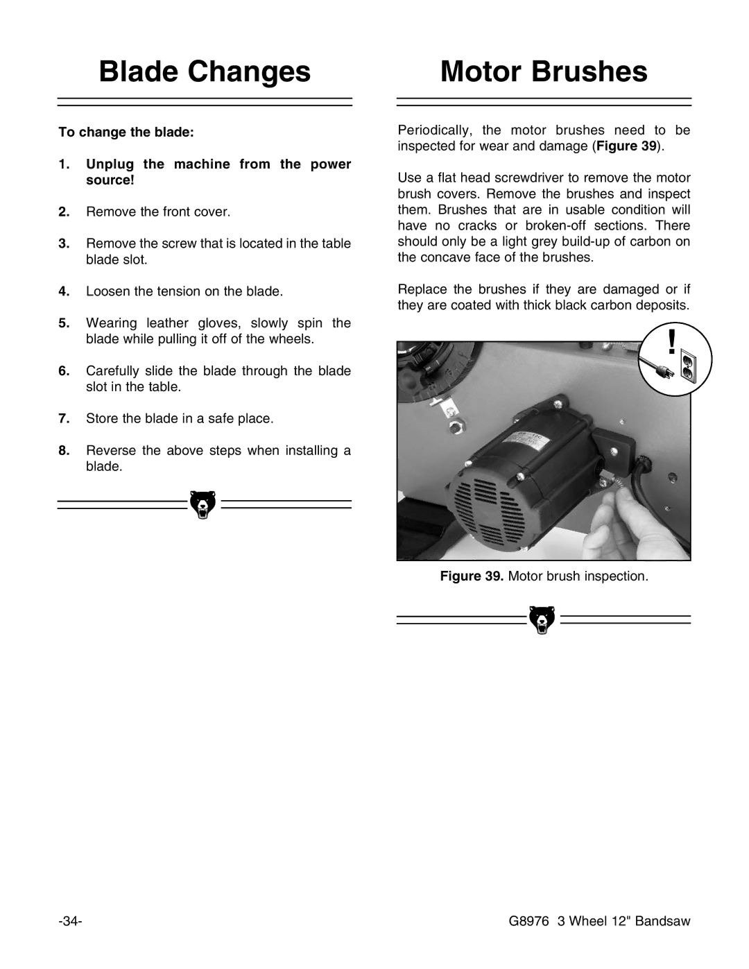 Grizzly G8976 instruction manual Blade Changes, Motor Brushes 