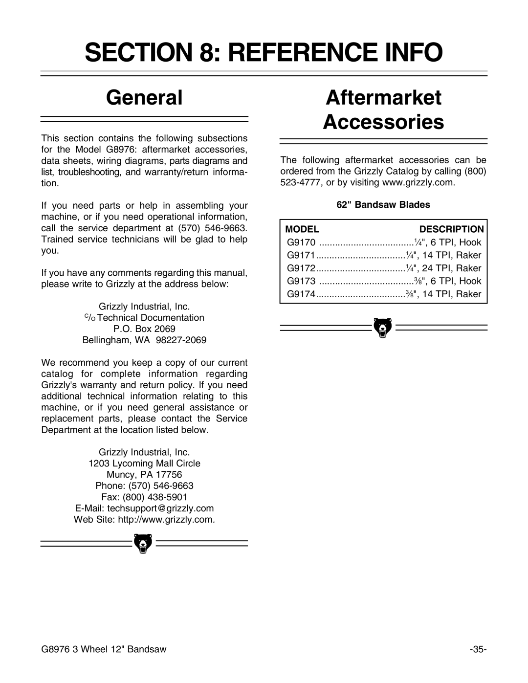 Grizzly G8976 instruction manual Reference Info, General, Aftermarket Accessories, Bandsaw Blades, Model Description 