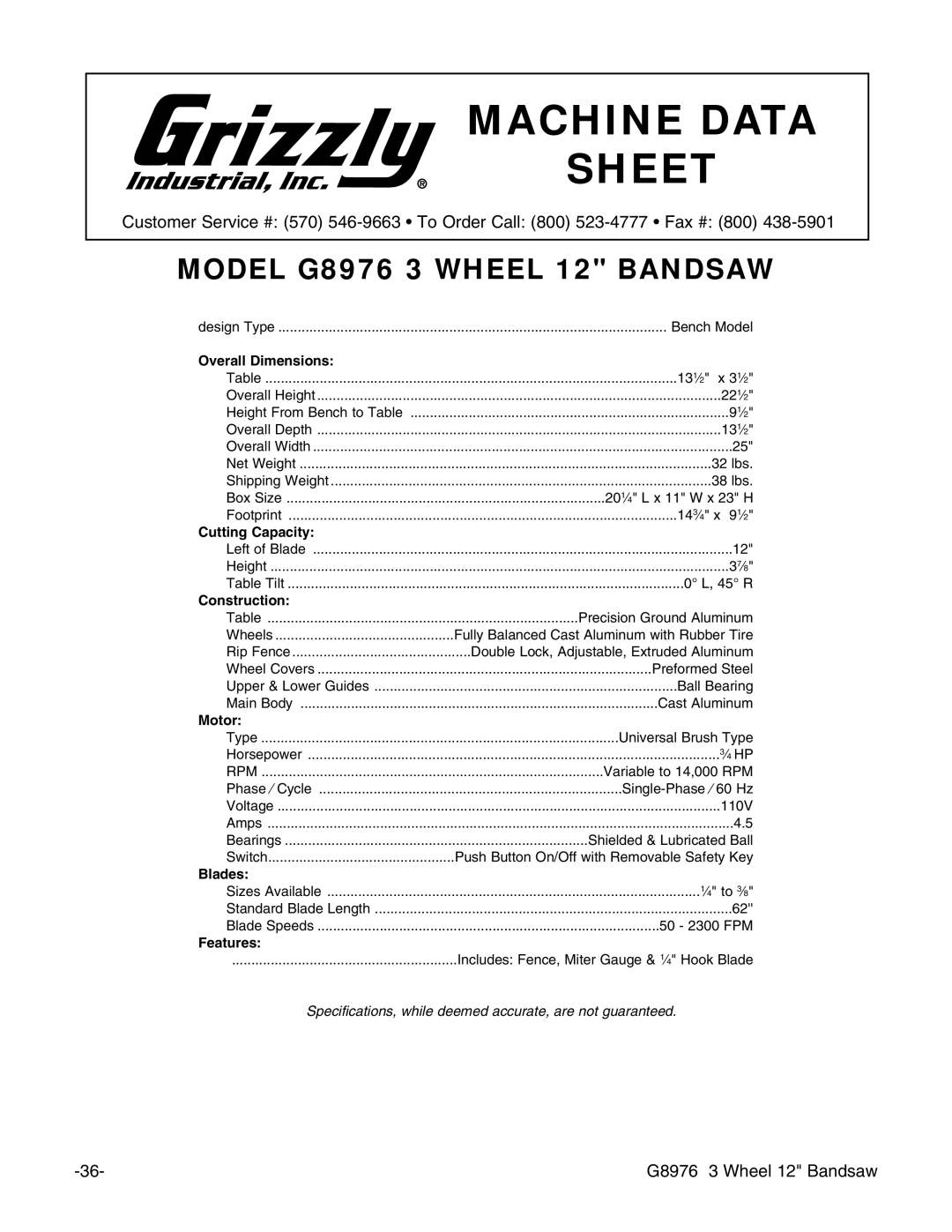 Grizzly G8976 instruction manual Machine Data Sheet 