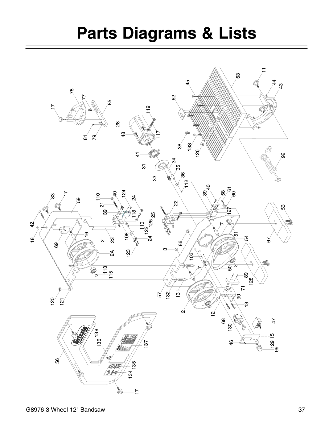 Grizzly G8976 instruction manual Parts Diagrams & Lists 