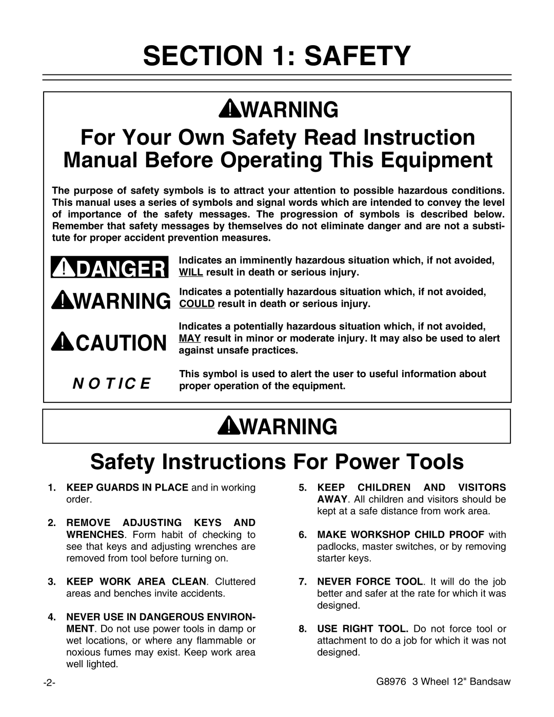 Grizzly G8976 instruction manual Safety Instructions For Power Tools 