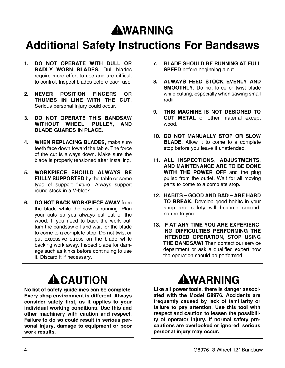 Grizzly G8976 instruction manual Additional Safety Instructions For Bandsaws 