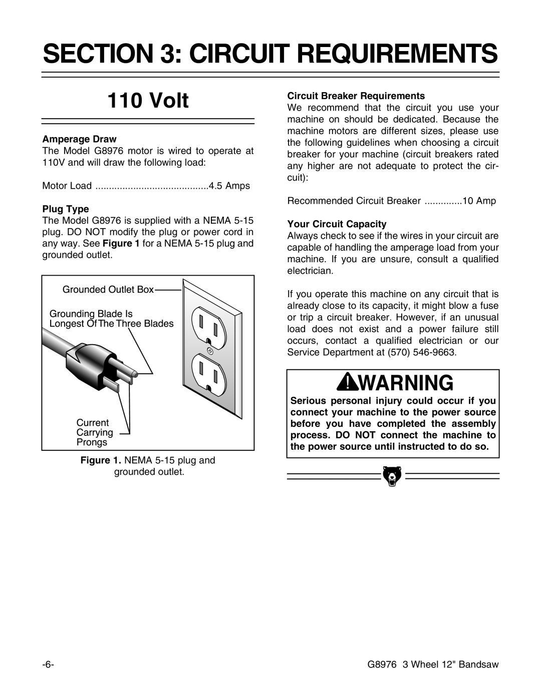 Grizzly G8976 instruction manual Circuit Requirements, Volt 