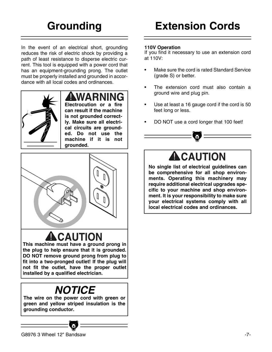 Grizzly G8976 instruction manual Grounding, Extension Cords, 110V Operation 